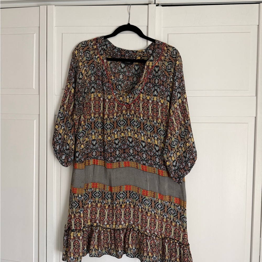 Tolani Patterned V-Neck Boho Mini Dress in Blue, Yellow & Red